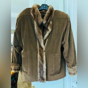 Suede Jacket with Fur Trim - Olive Brown
